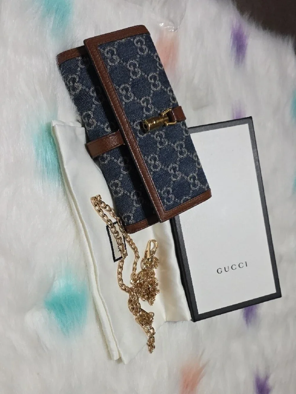 Gucci Denim GG Monogram Wallet with Brown Leather and Gold Hardware And Sling - Picture 2 of 4